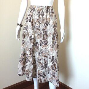Erika Cotton Leaf Print Tiered Midi Skirt Elastic Waist Size M